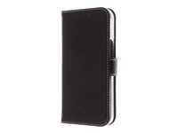 Insmat Exclusive - Flipomslag til mobiltelefon - ægte læder, termoplastisk polyuretan (TPU), karton+papir+aluminiumsfolie, bomuldssyninger - sort - for Apple iPhone 13 Pro 650-3002