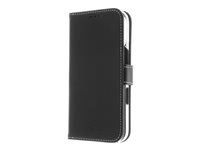 Insmat Exclusive - Flipomslag til mobiltelefon - ægte læder, karton+papir+aluminiumsfolie, polycarbonat (PC), bomuldssyninger - sort - for Apple iPhone 16 650-3278