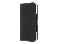 Insmat Exclusive - Flipomslag til mobiltelefon - ægte læder, karton+papir+aluminiumsfolie, polycarbonat (PC), bomuldssyninger - sort - for Apple iPhone 16 Pro 650-3280