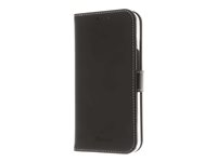 Insmat Exclusive Flip Case - Flipomslag til mobiltelefon - ægte læder, polykarbonat, bomuldssyninger, pap+papir - sort - for Apple iPhone 14 650-3099