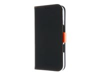Insmat Exclusive - Flipomslag til mobiltelefon - ægte læder, karton+papir+aluminiumsfolie, polycarbonat (PC), bomuldssyninger - sort/orange - for Apple iPhone 16 650-3286