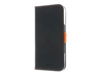 Insmat Exclusive - Flipomslag til mobiltelefon - ægte læder, karton+papir+aluminiumsfolie, polycarbonat (PC), bomuldssyninger - sort/orange - for Apple iPhone 16 Pro 650-3288