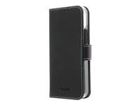 Insmat Exclusive Flip Case - Flipomslag til mobiltelefon - ægte læder, papir, karton, polykarbonat, aluminumfolie - sort - for Apple iPhone 12 mini 650-2878