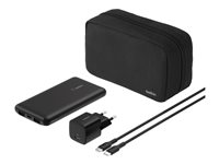 Belkin BoostCharge - Powerbank + AC-strømadapter - 10000 mAh - PD - 3 output-stikforbindelser (24 pin USB-C, 2 x USB) - på kabel: USB-C - Europa - med zippered pouch case BU041KQBK