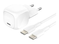 Belkin BoostCharge - Strømforsyningsadapter - kompakt - 20 Watt - Fast Charge, PD 3.1/PPS (USB-C) - på kabel: USB-C - hvid - med USB-C-kabel (1 m) WCA009KQ1MWH-B6