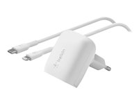 Belkin BoostCharge - Strømforsyningsadapter - 20 Watt - Fast Charge, Power Delivery 3.1 (USB-C) - på kabel: Lightning - hvid WCA006VF1MWH-B5