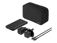 Belkin BoostCharge - Powerbank + AC-strømadapter - 10000 mAh - 3 output-stikforbindelser (24 pin USB-C, 2 x USB) - på kabel: USB-C - med med lynlås etui BU041HQBK
