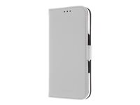 Insmat Exclusive - Flipomslag til mobiltelefon - ægte læder, karton+papir+aluminiumsfolie, polycarbonat (PC), bomuldssyninger - hvid - for Apple iPhone 16 650-3282