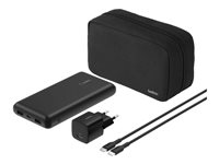 Belkin BoostCharge - Powerbank + AC-strømadapter - 20000 mAh - PD - 3 output-stikforbindelser (24 pin USB-C, 2 x USB) - på kabel: USB-C - Europa - med zippered pouch case BU042KQBK