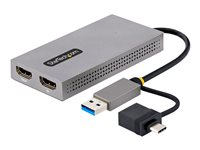 StarTech.com USB to Dual HDMI Adapter, USB A/C to 2x HDMI Monitors (1x 4K 30Hz, 1x 1080p), Integrated USB-A to C Dongle, 4in/11cm Cable, Windows & macOS - USB 3.0 to HDMI Multi-Monitor Display Adapter for Laptop (107B-USB-HDMI) - Videoadapter - USB Type A, 24 pin USB-C han til 2 x 19 pin HDMI Type A hun - grå - 4K support 107B-USB-HDMI