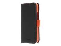 Insmat Exclusive Flip Case - Flipomslag til mobiltelefon - ægte læder, polykarbonat, bomuldssyninger, pap+papir - sort og orange - for Apple iPhone 14 650-3101