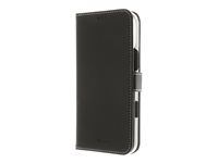 Insmat Exclusive - Flipomslag til mobiltelefon - ægte læder, karton+papir+aluminiumsfolie, polycarbonat (PC), bomuldssyninger - sort - for Apple iPhone 16 Pro Max 650-3281