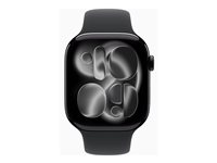 Apple Watch Series 11 (GPS + Cellular) - 46 mm - jet sort aluminium - smart ur med sportsbånd - fluoroelastomer - sort - båndstørrelse: M/L - 64 GB - LTE, Wi-Fi 4, UWB, Bluetooth - 5G - 36.9 g MFC44QN/A