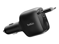 Belkin BoostCharge - Bilstrømsadapter - retraktabel - 75 Watt - Fast Charge - 3 output-stikforbindelser (USB, 2 x USB-C) - sort CCC001HQBK