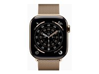 Apple Watch Series 11 (GPS + Cellular) - 42 mm - guld titanium - smart ur med milanesisk løkke - rustfrit stålnet - guld - håndledsstørrelse: 130-180 mm - 64 GB - Bluetooth, LTE, Wi-Fi 4, UWB - 5G - 34.6 g MF8Y4QN/A