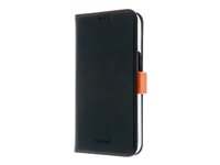 Insmat Exclusive - Flipomslag til mobiltelefon - ægte læder, polykarbonat, karton+papir+aluminiumsfolie - sort, orange - for Apple iPhone 15 Pro 650-3194