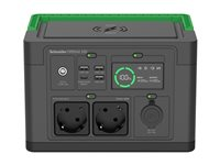 Schneider OffGrid 330 - Transportabel strømstation - LCD, lithium-ion, 2 CEE 7/3 schuko stik, sinuskurve, 3 USB-A, 1 USB-C, trådløs oplader - AC 230 V - 330 Watt - Litiumion - 332 Wh - output-stikforbindelser: 2 - sort, grøn PPS330-GR