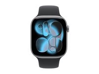 Apple Watch Series 11 (GPS) - 46 mm - rumgråt aluminium - smart ur med sportsbånd - fluoroelastomer - sort - båndstørrelse: M/L - 64 GB - Wi-Fi 4, UWB, Bluetooth - 37.8 g MEV44QN/A